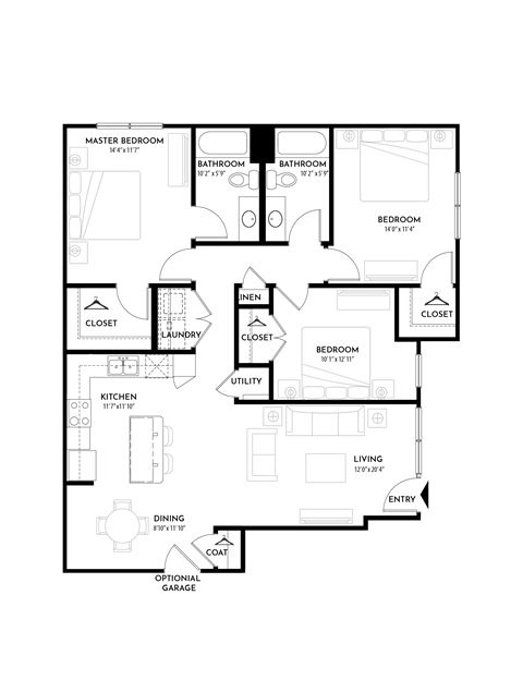 3BR 2BA (1334 SF) Floor Plan at The Villas at Germantown, Memphis, TN